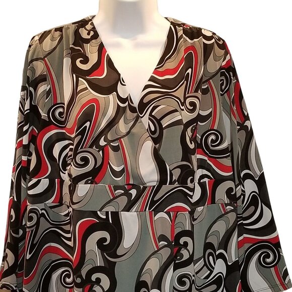 Cato Women's Plus 22W Top Faux Wrap Empire Waist 3/4 Sleeve Black Red Asymmetric - Picture 2 of 10